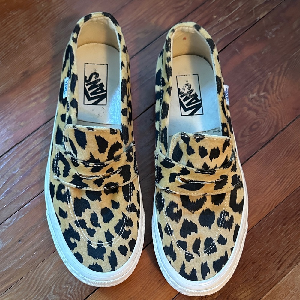 Vans Leopard Print Slip-On Sneakers in Tan and Black